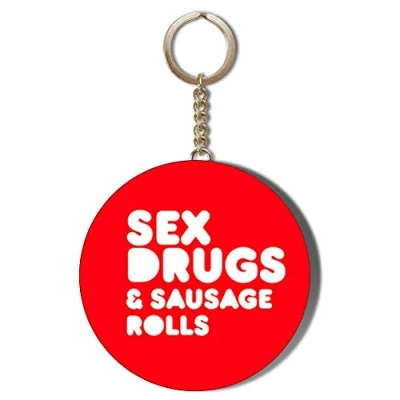 Image of Gift Insanity SEX,DRUGS &amp; SAUSAGE ROLLS WHITE ON RED 58mm CHAIN KEYRING BOTTLE OPENER