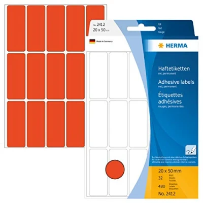 Image of HERMA Multi Purpose Labels, 15 Labels per Sheet, 32 Sheets, 20 x 50 mm, 480 Self Adhesive Small Stickers, Blank Sticky for Office Kitchen Home, Red