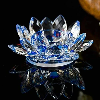 Image of Crystal Lotus Flower Solar Spin System Ornament, 10 cm Blue Glass, Home/Wedding Decoration, Feng Shui Sphere Crystal, Tealight Candle Holder