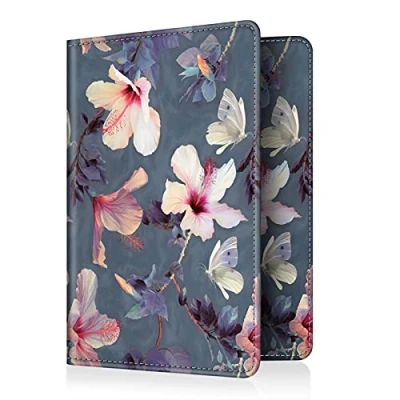 Image of FINTIE Passport Holder Travel Wallet RFID Blocking PU Leather Card Case Cover, Blooming Hibiscus