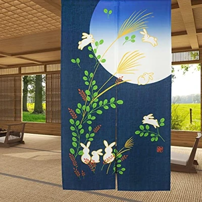 Image of LIGICKY Japanese Doorway Curtain Noren Cute Rabbit Under Moon Decoration Blue 33x59inch