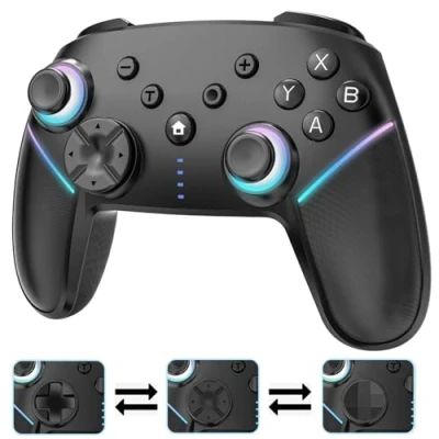 Image of Wireless Switch Controller,Switch Pro Controllers for Nintendo Switch/Lite/OLED/PC,Bluetooth PC Gaming Controller with 9 Color RGB LEDs, 950mAh Battery, Programmable Buttons,Gyro Axis,Turbo, Black