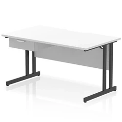 Image of Impulse 1400 x 800mm Scalloped Edge Straight Office Desk White Top Black Cantilever Leg Workstation 1 Drawer Fixed Pedestal