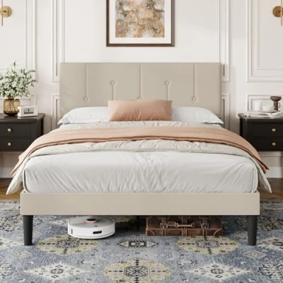 Image of Vesgantti Single Bed Frame with Adjustable Linen Headboard, Solid Wooden Slats &amp; Upholstered Platform, Easy Assembly, No Box Spring Needed, Under Storage, 3FT Bed, 90 x 190 cm, Beige