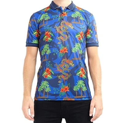Image of BRAVE SOUL Mens T Shirt Polo hawaiian Short Sleeve Collar Dragon Print Summer Holiday Lightweight Casual Tops Medium Multicolor