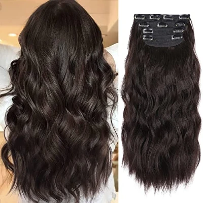 Image of 20 Inches Dark Brown Hair Extensions Clip in, 4Pcs Synthetic in Extension, Curly Natural Thick Wavy Pieces for Women (Color:Dark Brown)