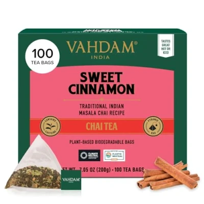 Image of VAHDAM, Sweet Cinnamon Tea 100 Bags 100% Natural Spices Masala Chai Recipe Spiced Bag Brew as Hot or Iced