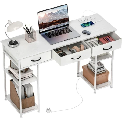 Image of HOMCOM Computer Desk with Power Outlets, 120cm Home Office 3 Fabric Drawers and 4 Storage Shelves, Study Table Workstation for Bedroom, White