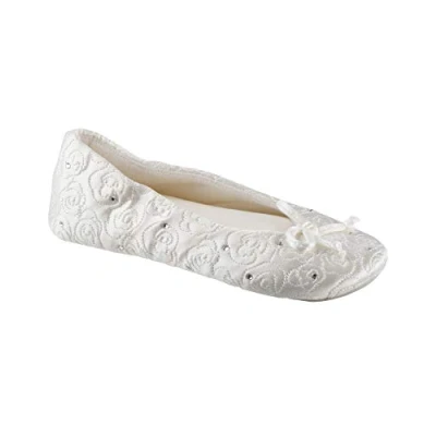 Image of isotoner Women&#039;s Ballerina Slippers with Terry Lined and Rose Quilt Ballet Flat, White, 4.5/5.5 UK