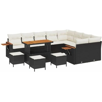 Image of vidaXL 13 Piece Garden Sofa Set with Cushions Black Poly Rattan Acacia