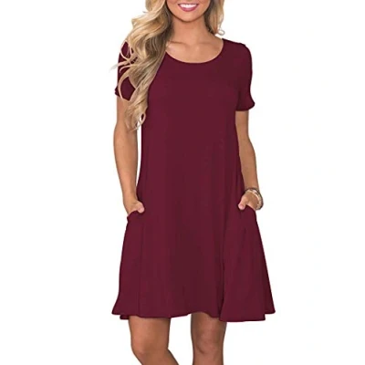 Image of AUSELILY Women&#039;s Summer Dresses Casual T Shirt Short Sleeve Dress Loose Swing with Pockets, Wine Red L