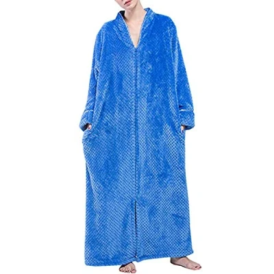 Image of Kinloy Womens Plus Size Lightweight Dressing Gown Luxury Waffle Bath Robes Pure Colour Zip Up Terry Toweling Bathrobe Nightwear Blue L 10 14 UK
