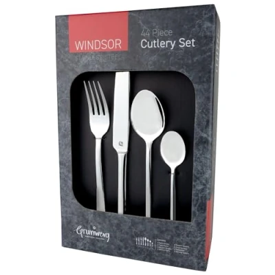 Image of Grunwerg Windsor Carded 44 Piece Boxed Mirror Cutlery Set 44BXWDR, 18/0 Stainless Steel