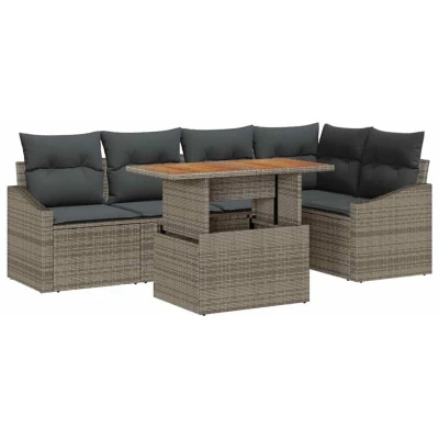 Image of vidaXL 6 Piece Garden Dining Set with Cushions Grey Poly Rattan Acacia