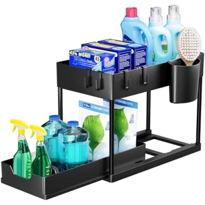 Image of Puricon Under Sink Storage Kitchen Organiser, 2 Tier Shelf with Slide Out Drawer, Multi Purpose Bathroom Rack for Countertop Laundry Black