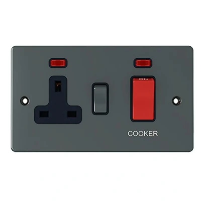 Image of Flat Plate Black Nickel Cooker Control Unit w/Neon 45A Switch with 13A Switched Plug Socket and Neon Indicators 2 Gang