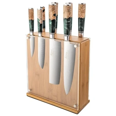 Image of Katana Saya Elements 9 Piece Kitchen Knife Block Set, Rainforest Green, VG 10 Damascus Steel with Olivewood and Resin Handle (KEG 900/9B)