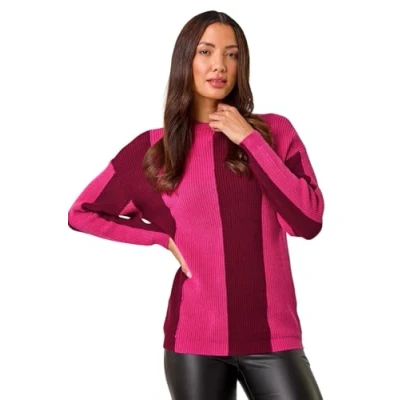 Image of Roman Originals Colour Block Soft Knit Jumper for Women UK Ladies Everyday Autumn Winter Funnel Neckline Comfy Evening Vacation Work Party Night Out Magenta Size 14