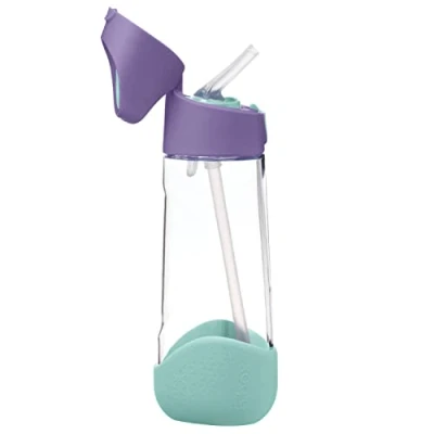 Image of b.box Tritan Ergonomic Triangle Shaped Travel Bottle with Straws for Kids Leakage Proof Push Button &amp; Silicon Based Pipe Drinking at Any Angle (600ml/Lilac Pop)