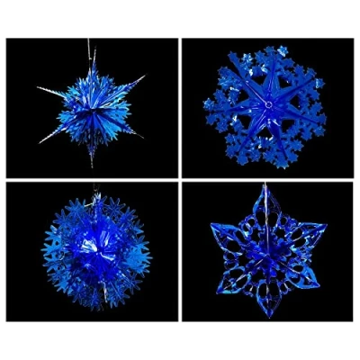 Image of Set of 4 40cm Christmas Foil Ceiling Garland Hanging Xmas Decoration, Long Star, Snowflake, Star Ball &amp; (Royal Blue)