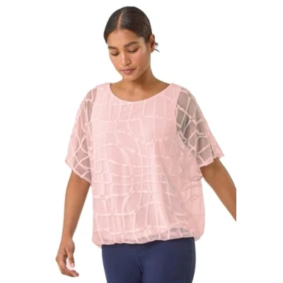 Image of Roman Womens Abstract Check Print Blouson Top White Size 14 UK