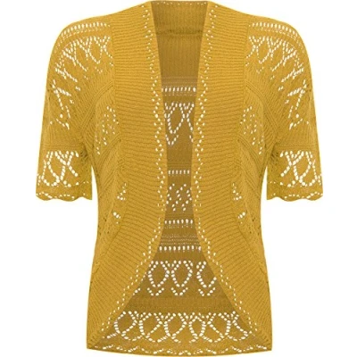 Image of WearAll Womens Plus Size Crochet Knitted Short Sleeve Ladies Open Cardigan Top Mustard 18 20
