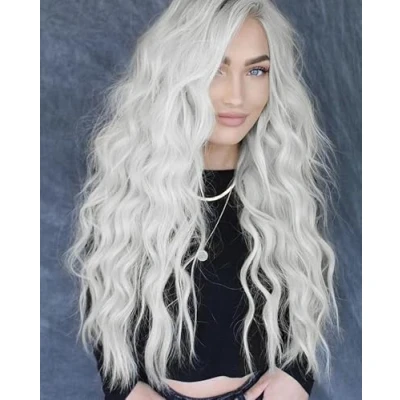 Image of PORSMEER Long Wavy Wigs for Women Middle Part Fluffy Curly Wig Natural Looking Synthetic Heat Resistant Fiber Hair Replacement Daily Party Use (White)