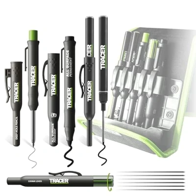 Image of Tracer 5 Piece Construction Marker Kit with Storage Case Carpenter&#039;s Pencil, 2 x Long Nib Markers, Clog free and Replacement Leads Dispenser