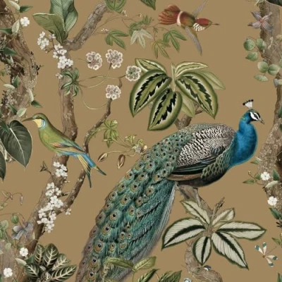 Image of Peacock Woods Gold Wallpaper Modern Naturistic Floral Flowers Birds Stylish Trendy Feature Wall