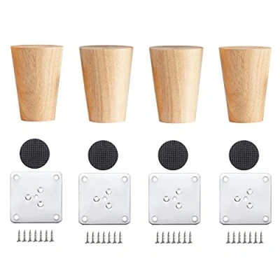 Image of Qrity 4 PCS Wooden Furniture Legs Straight Wood Sofa Cabinet Feet Table TV with Non slip Mat, Screws &amp; Mounting Plate, 6CM