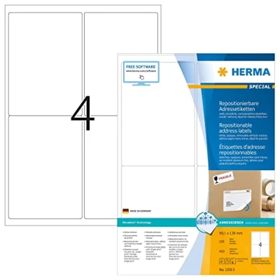 Image of HERMA Self Adhesive Removable Labels, 4 Labels per A4 Sheet, 100 Sheets, 99.1 x 139 mm, 400 Blank Multipurpose Stickers, Sticky for Laser &amp; Inkjet Printer, White