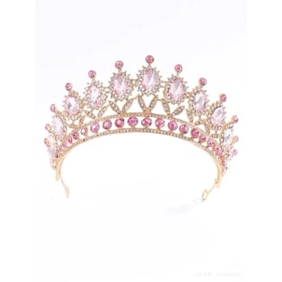 Image of Queen Crown Princess Tiara Pink Rhinestone Headband Prom Headpieces Bridal For Wedding Halloween Birthday Costume Party