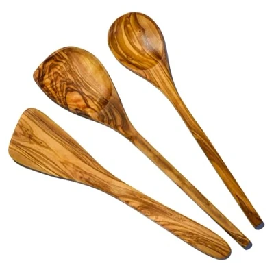 Image of Cleminson® Handcrafted Olive Wood Utensils 3 Piece Set Wooden Spatula, Spoon &amp; Sauce with Corner or (3 Set)