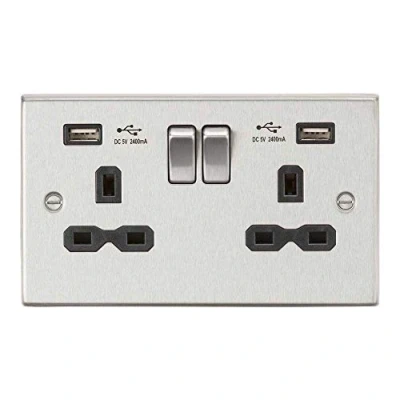 Image of KnightsBridge 13A 2G Square Edge switched socket with dual USB charger A + (2.4A) Brushed chrome, black insert