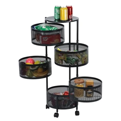 Image of cadciehe Kitchen Storage Cart, Circular Rotating Basket, Large Rack with 360 Degree Wheels, Fruit Vegetable Metal Wire Shelf Top Lid for Living Room, Office Black Five Layers