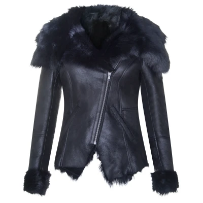 Image of Women&#039;s Black Shearling Biker Jacket Sheepskin Aviator Leather Toscana Merino 2XL
