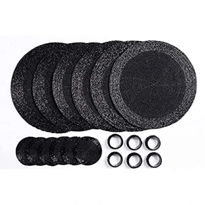 Image of Penguin Home Handcrafted Glass Beaded Round Placemats, Coasters &amp; Napkin Rings Set of 18 Handmade Table Place Mats for Dining 32 cm (13&quot;) Diameter (Black)