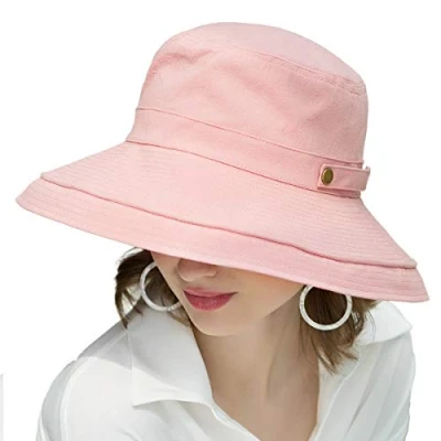 Image of SOMALER Womens Cotton Wide Brim Sun Hats UPF50+ UV Packable Beach Hat Summer Bucket Cap for Travel, Button Decoration pink, One Size