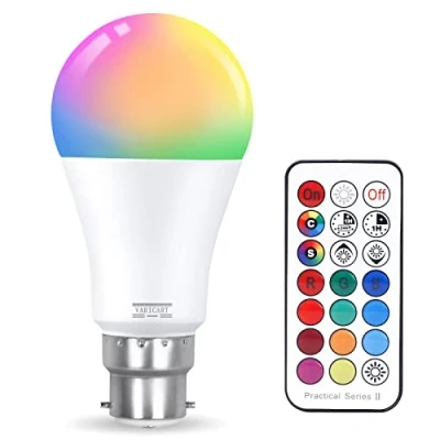 Image of VARICART B22 10W Colour Changing Light Bulb Dimmable, LED Bulbs Bayonet with Remote, RGB + Cool White 6000K, 12 5 Modes, Dual Memory, 75W 100W Equiv. for Home Dec &amp; Mood Lighting (Pack of 1)