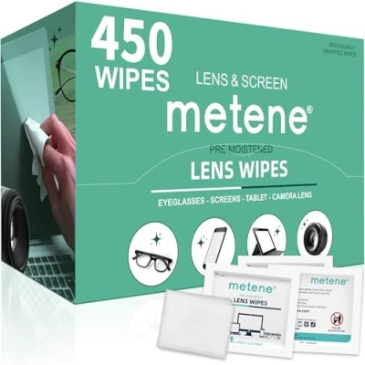Image of Metene 450 Pack Lens Cleaning Wipes, Pre Moistened and Individually Wrapped Eyeglass Glasses Cleaner for Eyeglasses, Camera Lens, Tablets, Phone, Computer Screen Other Delicate Surfaces