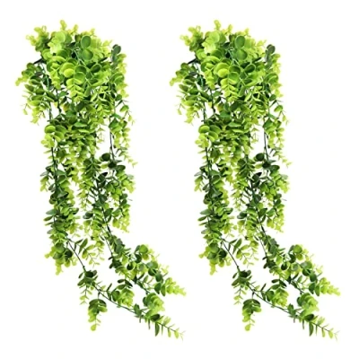 Image of GKONGU Artificial Eucalyptus Ivy Fake Hanging Plants Vines 2 Pieces,Decorative Greenery Trailing for Home Kitchen Garden Office Wedding Party Wall Decoration