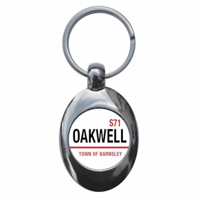Image of Ozorath Oakwell Town Of Barnsley S71 Road Sign Keyring Keychain Key Ring Chain With Trolley Coin