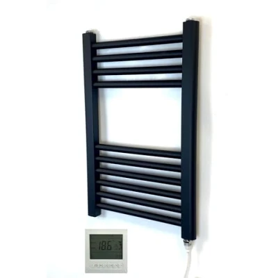 Image of Greened House Black Electric Flat Heated Towel Rail Bathroom Radiator with 7 Day Programmble Timer/Thermostat (400mm W x 600mm H + Timer/Thermostat)