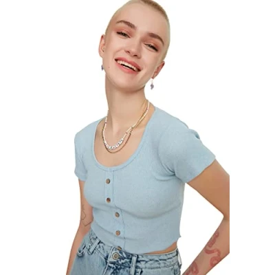 Image of Trendyol Women&#039;s Blue Buttoned Knitted Blouse, XS