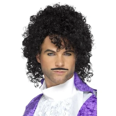Image of Smiffys 80s Purple Musician Kit, Black with Wig &amp; Tash, 1980&#039;s Fancy Dress, 1980s Dress Up Wigs