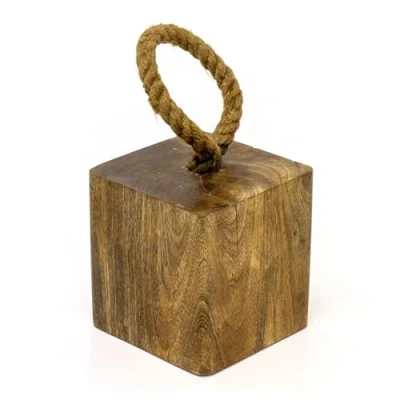 Image of Mango Wood Doorstop Chunky Cube Wooden Door Stop with Jute Handle Block Indoor Weighted Stopper for Floor 1.4kg