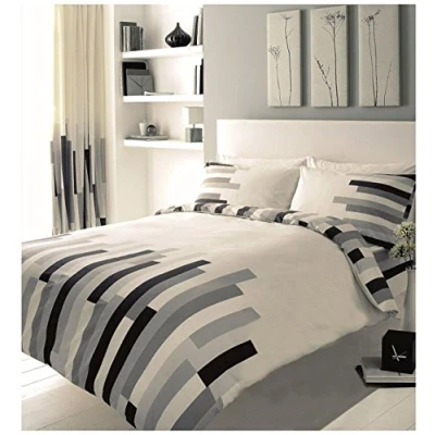 Image of GC GAVENO CAVAILIA Geometric Duvet Cover Sets, Reversible Blocks Stripe Bedding Double With Pillowcases, Black