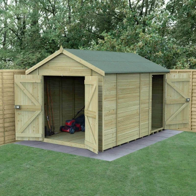 Image of 12&#039; x 8&#039; Forest Timberdale 25yr Guarantee Tongue &amp; Groove Pressure Treated Windowless Double Door Combination Apex Shed (3.65m 2.52m)
