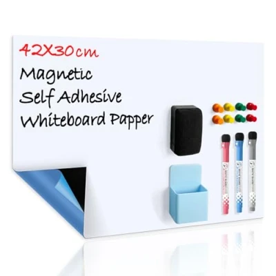 Image of CUHIOY Whiteboard Magnetic Dry Wipe Board Self Adhesive A3 for Any Smooth Surface with New Stain Resistant Technology,Home Kitchen Fridge Shopping List and Office Notice Board,3 Pens