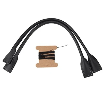 Image of 2 Pcs Leather Bag Handles, Genuine Straps Handle with Holes for DIY Hand Accessories Thread Black Brown(Black)